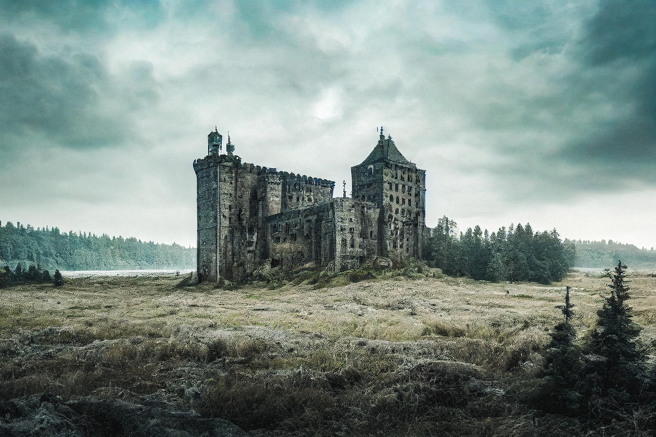 Castello infestato in Inghilterra, con torri e mura antiche, avvolto da un'atmosfera misteriosa.