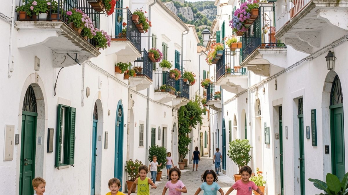 Borgo italiano con case dai balconi fioriti, premiato a livello europeo per la sua bellezza.
